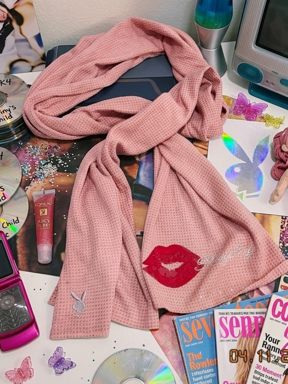 PLAYBOY Pink Scarf with Red Lip Embroidery